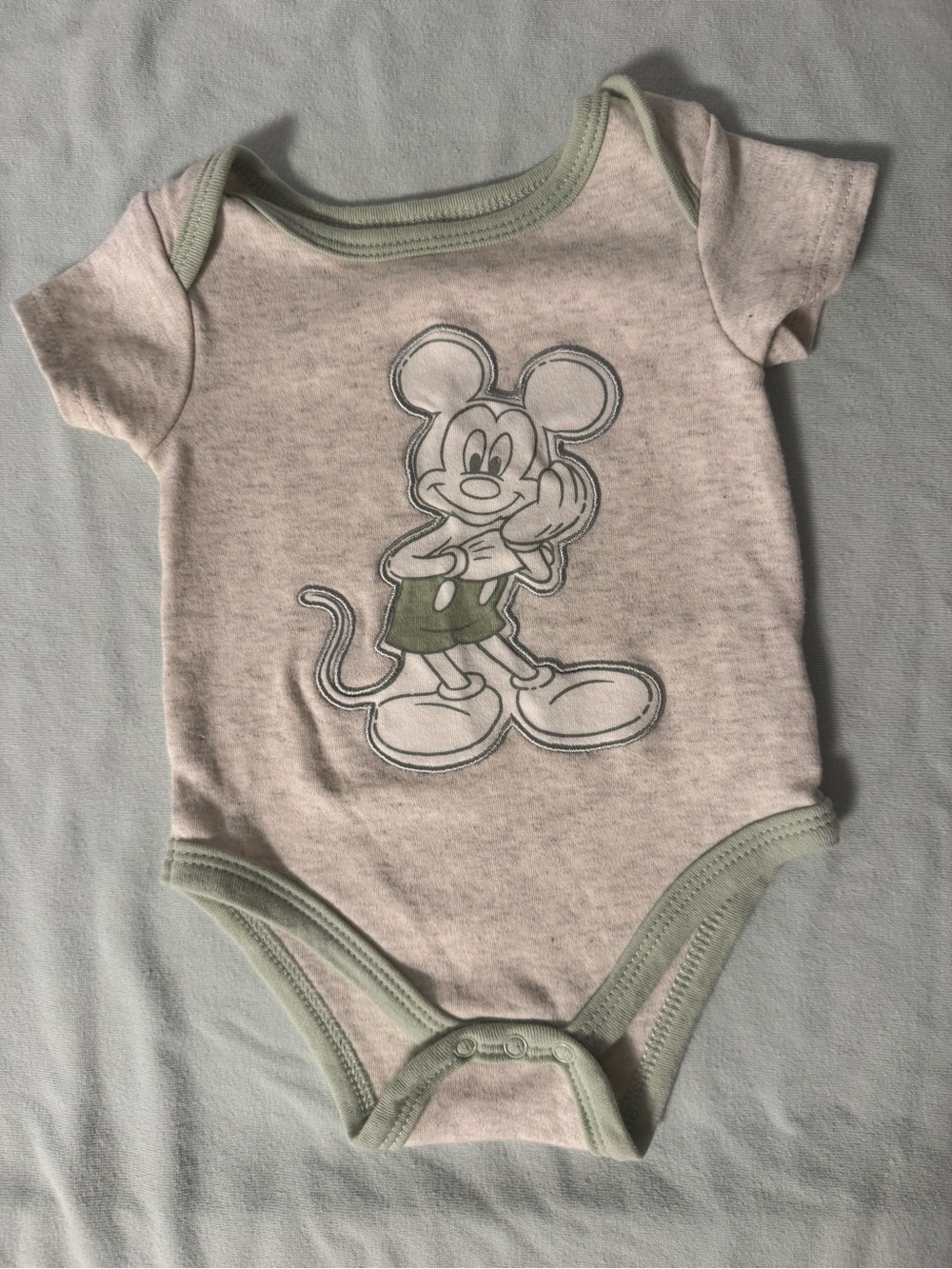 Disney Gray One-Piece Bodysuit with Sage Trim and Mickey Print